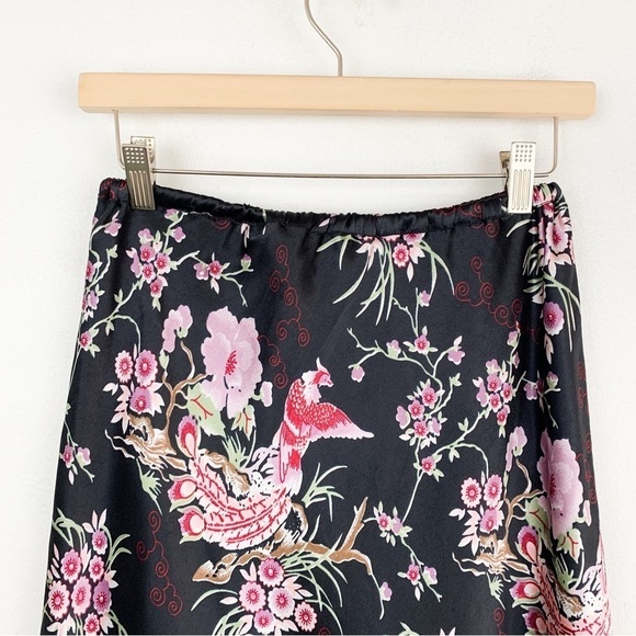 Vintage 90s Chinoiserie Floral Print Satin Fringe Midi Skirt Sz M - Picture 3 of 6